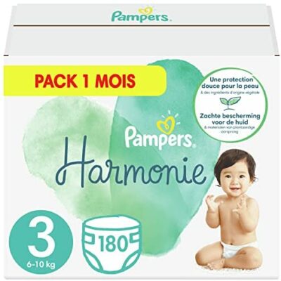 Couches Pampers Taille 3 (6-10 kg), Harmony, 180 couches pour bébé, paquet de 1 mois, 0 % de compromis, 100 % absorbant, à base de plantes, hypoallergénique