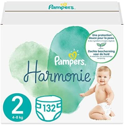 Couches Pampers Taille 2 (4-8 kg), Harmony, 132 couches pour bébé, paquet de 1 mois, 0 % de compromis, 100 % absorbant, à base de plantes, hypoallergénique