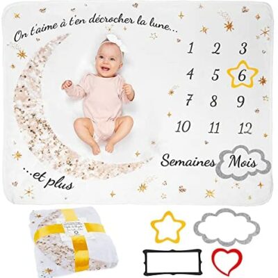 Baby Step Blanket French | High Resolution Stock Photo | CLIPARTO Baby Boy or Girl Moon Blanket, Unisex | SHOPBOP Moon, Stars | Baby Shower personnalisé pour les jeunes mamans | Tapis photo bébé | Doux et confortable