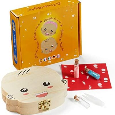 LA PUERTA MÁGICA FRENCH Boîte à Dents de Bébé Cadeau de Naissance Garçon Fille Coffret Souvenir de Naissance + Accessoires : Biberon, Clip, 2 Flacons à Paillettes et Moule à Pied (Garçon)