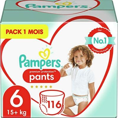 Couches Pampers Taille 6 (15+kg), Protection Premium, 116 Couches Bébé, Pack 1 Mois, Notre #1 Protection des Peaux Sensibles