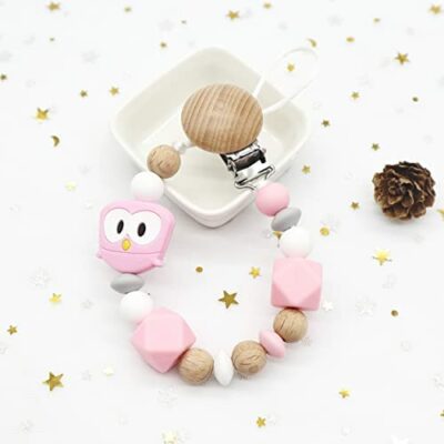 Attache tétine Hibou - Perles en bois naturel & silicone sans BPA - Attache tétine personnalisée fille et garçon - Pince universelle - Attache tétine - Cadeau de naissance original (Rose)