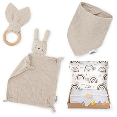 Doudou Räuberella, anneau de dentition et bavoir cadeau bébé naissance garçon & fille beige