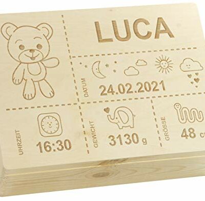 LAUBLUST coffret souvenir bébé personnalisé - ours en peluche - cadeau naissance |  L - environ 40x30x14cm, caisse en bois naturel FSC®