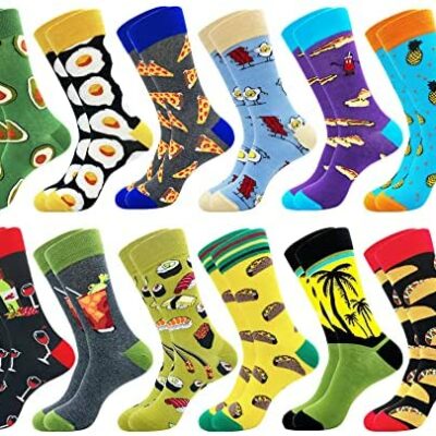 Belloxis Lot de 12 paires de chaussettes pour homme 43 ~ 46 (EU), drôles d'anniversaire, cadeaux de Noël pour papa, petit ami, humour, fête des pères et Saint Valentin (aliments multicolores).