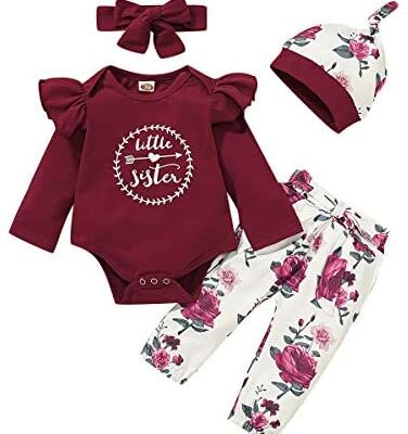 Borlai 4PCS Bébé Filles Mode Vêtements Miss Sister Combinaison À Manches Longues Salopette Floral Pantalon Chapeau Bandeau Lettre Imprimer Ensemble 0-18 Mois