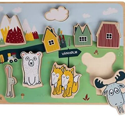 HEJ LØNNE Puzzle en bois avec 9 grandes pièces à enficher - Puzzle en bois pour enfants - Favorise la motricité et la coordination - Dès 18 mois - Puzzle pour enfants