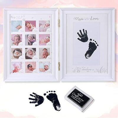 LEcylankEr Kit d'empreintes de pas et d'empreintes de mains pour bébé, cadre photo avec record de croissance de la 1ère année, cadeau pour bébé, cadre photo bidirectionnel pliable avec tampon encreur rechargeable (blanc)