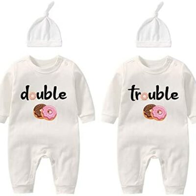 Culbutomind Jumeaux Double Trouble Body Mignon Ensemble Avec Capuche Bébé Pyjamas Nouveau-Né Filles Jumelles Vêtements Cadeau - Blanc - Petit