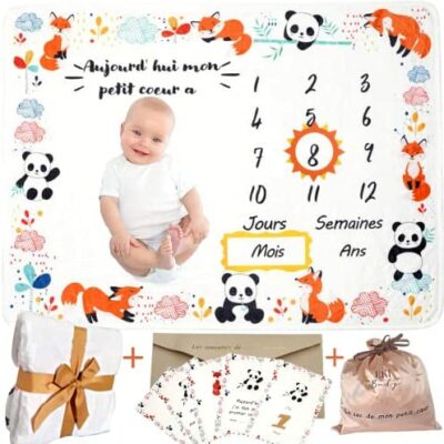 Coffret Souvenir Première Année de Bébé - Couverture et 12 Cartes Milestone + Accessoires - Cadeau de Naissance Fille ou Garçon - Couverture Personnalisée Photo Bébé