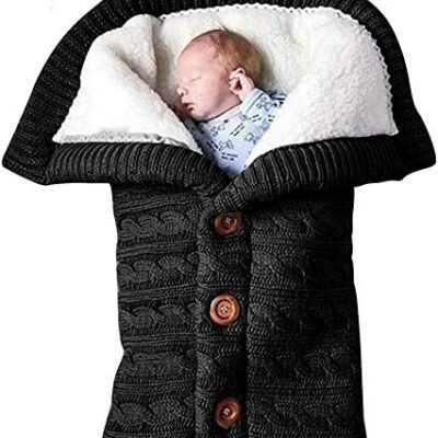 Couverture à emmailloter pour nouveau-né, sac de couchage doux pour bébé, couverture chaude et épaisse en laine tricotée pour nouveau-né pour petites filles ou garçons Noir
