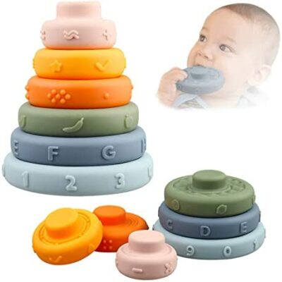 Tour souple empilable - Jouet d'éveil sensoriel - Jeu éducatif Montessori - Module de motricité Cube d'activités pour bébé - Cadeau de baby shower et de dentition 6 9 12 18 mois 1 ans 2 ans Garçons Filles