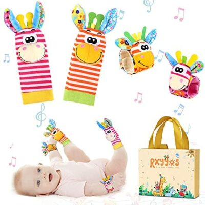 RXYYOS Bébé Poignet et Chaussettes Hochet Jouet Nouveau Poignet Cloche avec Hochet et Chaussettes Foot Finder Jouet de Développement Cadeaux pour Tout-Petits Garçons Filles 4 Pièces