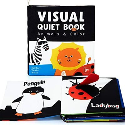 Beiens livre en tissu pour bébé, livre d'activités pour bébé noir et blanc, mon petit livre d'activités interactif, jouets éducatifs pour enfants, cadeau sonore pour bébé, livre animal doux et froissé