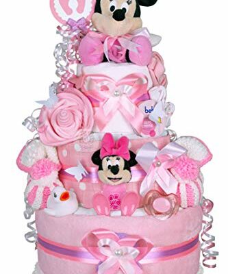 MomsStory - Filles de gâteau de couches |  Cadeau de couche Minnie Mouse Disney |  Cadeau Bébé pour Naissance Baptême Baby Shower |  Cadeau de naissance XXL 3 étages (rose) avec doudou tétine couches & plus