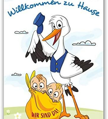 Bienvenue à la maison jumeaux et maman - grande affiche DIN A2 pour la naissance - affiche de bienvenue avec cigogne après la naissance de jumeaux