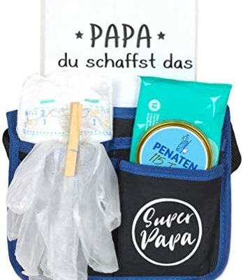 Cadeaux Trend Mama pour les futurs papas, super papa, ceinture à outils, changeur de couches, coffret cadeau avec contenu cool et bavoir pour bébé, imprimé à la main avec l'inscription "Papa tu peux le faire"