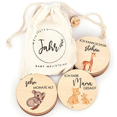 Cartes jalons bébé en bois imprimées de petits animaux colorés - 30 jalons sur de fins disques en bois comme cadeau pour une naissance/baby shower pour femmes enceintes, futures mamans, futurs parents.