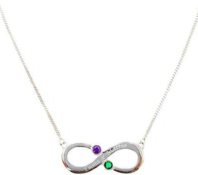 Collier Infini avec 2 Prénoms Gravés (Infinity) Comprend 2 Cristaux du Mois de Couleur au Choix (Pierre de Naissance) / Collier 40 cm en Argent Massif 925 / pour 2 Prénoms d'Enfants ou Amoureux