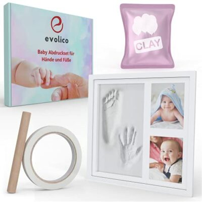 EVOLICO moulage en plâtre main et pied de bébé - plâtre innovant pour un plâtre parfait - bébé moulé à la main avec cadre photo noble - moulage à la main et empreinte de pied de bébé - ensemble de moulage parfait cadeau pour bébé