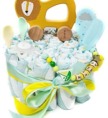 Elfenstall Nappy Cake / Pamper Cake avec jouet et chaîne de tétine comme un excellent cadeau / Coffret cadeau pour naissance ou baptême avec nom de bébé Pull Animal Lion