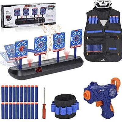 FOR21JOYS Cible pour pistolet Nerf, cible électrique avec gilet tactique, 1 pistolet pour enfants et 20 accessoires de fléchettes Nerf, cadeaux jouets pour 6 7 8 9 10 ans enfants garçon cadeaux d'anniversaire