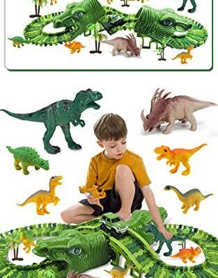 Fiouni Dinosaur Race Track Toy for Boys, 153 Piece Track Playset with a Military Racing Car/8 Toy Dinosaurs, Birthday Gifts for 3 4 5 6 7 Year Old Boys