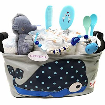 Gâteau de couches Elfenstall Pamperstorte 3 Sprouts sac de poussette baleine rempli de couches Pampers, adorable animal en peluche hippocampe de Little Dutch, ensemble de brosses pour bébé, 2 cuillères pour bébé et attache-tétine avec tétine comme un excellent cadeau / coffret cadeau pour la naissance ou le baptême avec le nom du bébé si voulu