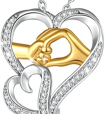 INFUSEU Collier en Argent Sterling 925, Forme de Coeur avec Mère et Enfant Tenant la Main Pendentif Coeur Femme Cadeau de Fête des Mères pour Femme Petite Amie Maman