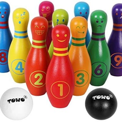 Jeu de quilles en bois pour enfants - Jeu de quilles pour enfants grand avec visage, émotions et chiffres - Jeu de quilles avec 12 quilles et 2 boules de bowling en bois - Jouet en bois pour les tout-petits de 2 ans