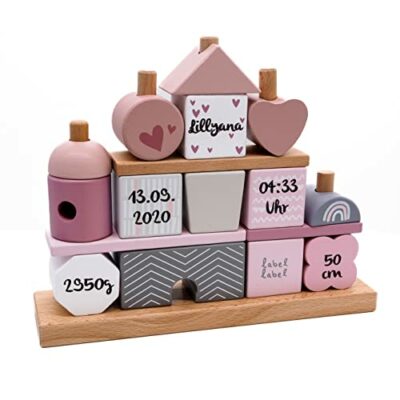 Kidslino Maison Rose I Cadeau Naissance Fille Personnalisé I Jouet en Bois Fait à la Main I Cadeaux Personnalisés Bébé I Étiquette I Tour à Empiler avec Nom et Dates de Naissance