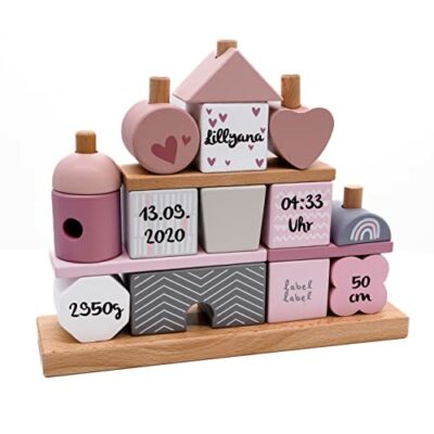 Kidslino maison rose I cadeau personnalisé pour la naissance d'une fille I jouets en bois faits à la main I cadeaux bébé personnalisés I étiquette étiquette I tour à empiler avec nom et dates de naissance