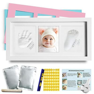 Kit d'empreintes de mains et d'empreintes de bébé, kit de moules pour bébé trois couleurs au choix avec kit de pochoir de lettre, Mozeeda DIY plâtre coulé main et pied de bébé pour nouveau-né sans danger non toxique