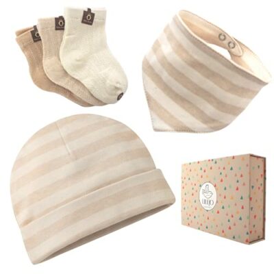 LILEJO Coffret cadeau bébé 5 pièces pour parents, bonnet, écharpe et chaussettes pour filles et garçons - Beige