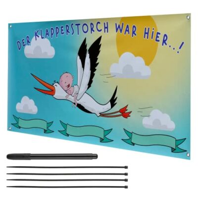 Makai Bannière Affiche pour Cadeau de Naissance Cigogne 160 x 70 cm Affiche pour Balcon Jardin à Accrocher à la Maison Personnalisée pour Cadeau Bébé avec Cigogne Le Hochet Cigogne était là Maman et Enfant