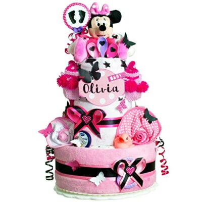 MomsStory - Filles de gâteau de couches |  Cadeau de couche Minnie Mouse Disney |  Cadeau Bébé pour Naissance Baptême Babyshower |  Cadeau de Naissance XXL à 3 Niveaux (Rose-Noir) avec Couche-Bavoir en Peluche & Plus