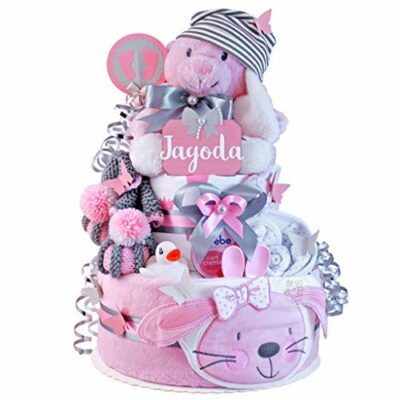 MomsStory - Filles de gâteau de couches |  Lapin cadeau de couches bricolage |  Cadeau Bébé pour Naissance Baptême Baby Shower |  Gâteau bébé 2 étages (rose) cadeau de naissance XL avec doudou bavoir tétine couches & plus