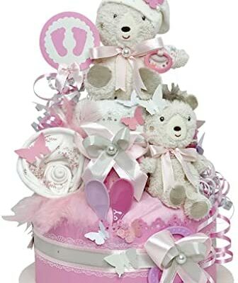 MomsStory - Filles de gâteau de couches |  Ours en peluche cadeau couche |  Cadeau Bébé pour Naissance Baptême Baby Shower |  Cadeau de Naissance XL 2 étages (Rose-Gris) avec Doudou Boite à Musique Bib Couches & Plus