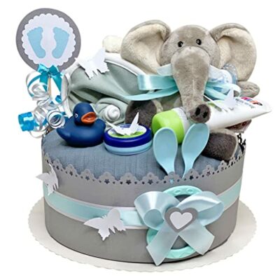 MomsStory - Gâteau de couches garçon |  Éléphant de cadeau de couche bricolage |  Cadeau Bébé pour Naissance Baptême Babyshower |  Cadeau de naissance 1 étage (gris) avec bavoir en peluche tétine couche et plus