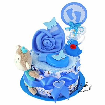 MomsStory - Petit garçon de gâteau de couches |  Cadeau de couches bricolage |  Cadeau Bébé pour Naissance Baptême Baby Shower |  Gâteau bébé (bleu) mini cadeau de naissance avec jouet à saisir rot bavoir couches & plus