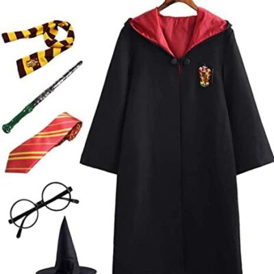 SKLOER Cosplay Costume Ensemble, Cape Baguette Cravate Écharpe Lunettes Hermione Granger Costume Robe Noire Uniforme Scolaire Mardi Gras Carnaval Déguisement Halloween Festival