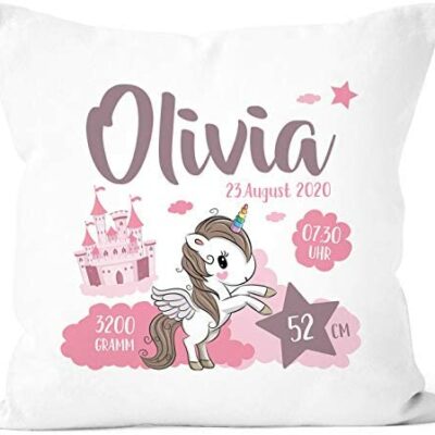 SpecialMe® Coussin de Naissance Personnalisé Licorne Coussin de Naissance avec Prénom Cadeau Naissance Bébé Fille Blanc 40cm x 40cm