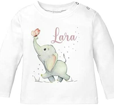 SpecialMe® T-shirt à manches longues pour bébé avec nom personnalisé éléphant papillon motif animal animaux garçon fille coton bio