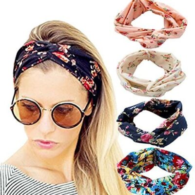 DRESHOW 4 Pièces Bandeau Bandeau Boho Bandeau Vintage Floral Imprimé Bandeau Noeud Croisé Bandeau Élastique Accessoire, Taille Unique, Rose Blanc Bleu Marine