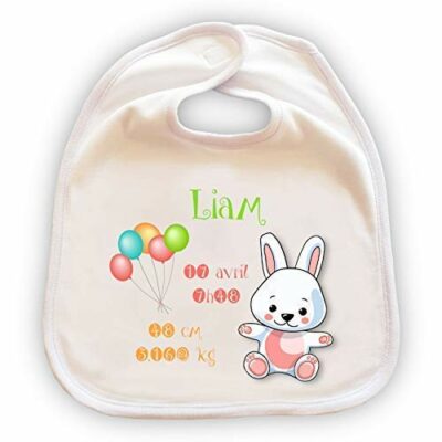 Grand Bavoir Bébé Personnalisable - Cadeau de Naissance Original - Avec Nom, Date & Heure de Naissance, Poids & Taille - Modèle Lapin