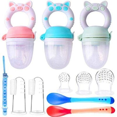 Lot de 3 sucettes à mâcher pour bébé S/M/L Sucettes à mâcher aux fruits pour bébé avec 3 remplacements + 2 brosses à doigts + 2 cuillères pour bébé pour nouveau-né filles garçon cadeaux (3 sucettes aux fruits)