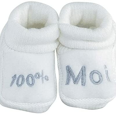 KINOSSES - Chaussons Bébé - Brodés '100% moi' - 0-3 Mois - Blanc/Argent