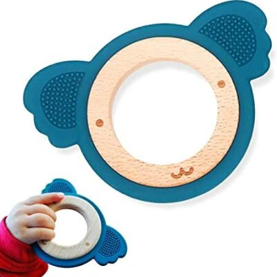 MAMA COCO Anneau de dentition pour bébé sans BPA en silicone alimentaire en bois naturel - Jouet de dentition pour bébé - Jouet de réveil Montessori à mâcher - Idées de cadeaux d'anniversaire