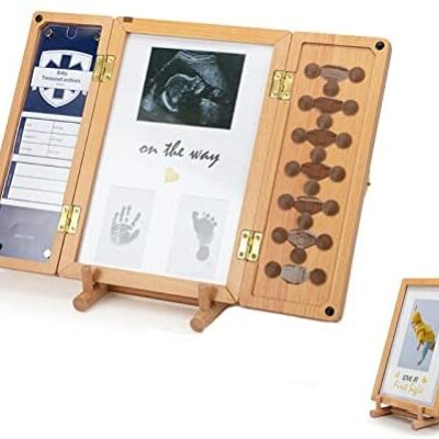 Cadre photo en bois pour bébé avec mains et empreintes de pieds de bébé + boîte à ultrasons + dents + carte d'information sur la naissance, souvenirs 5 en 1 nouveau-né, garçon et fille