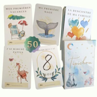 Cartes d'étapes de naissance françaises - Boîte de 50 cartes pour albums commémoratifs de naissance Première année filles et garçons - Boîte originale de naissance ou de fête prénatale pour futures ou jeunes mères ou pères